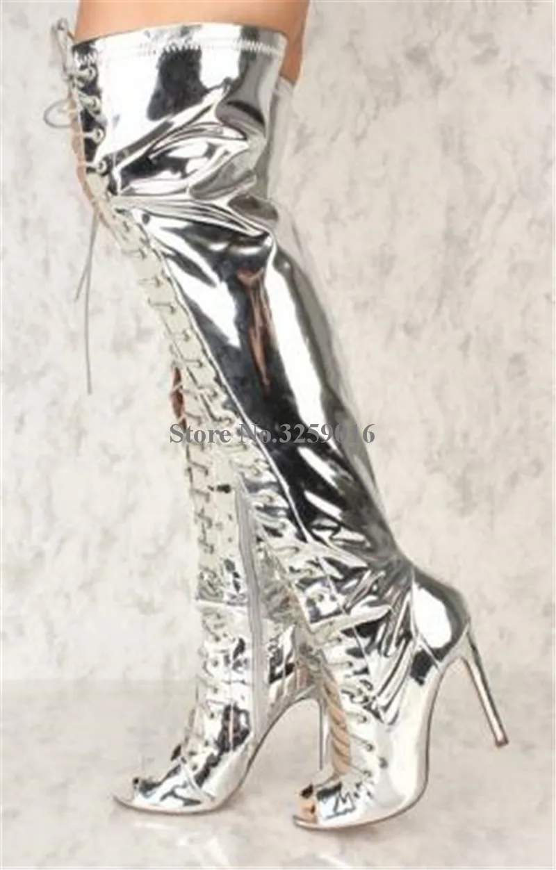 Peep Toe Mirror Silver Gold Patent Leather Knee High Gladiator Boots Women Fashion Lace-up Long High Heel Boots Club Shoes
Peep Toe Mirror Silver Gold Patent Leather Knee High Gladiator Boots Women Fashion Lace-up Long High Heel Boots Club Shoes