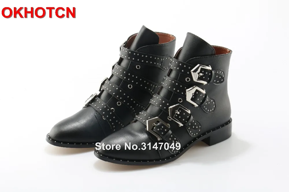 Black Leather Rivets Studded Ankle Boots Women Metal Buckle Strap Sexy Motorcycle Booties Flat Heel Women Dress Shoes Size 42
Black Leather Rivets Studded Ankle Boots Women Metal Buckle Strap Sexy Motorcycle Booties Flat Heel Women Dress Shoes Size 42