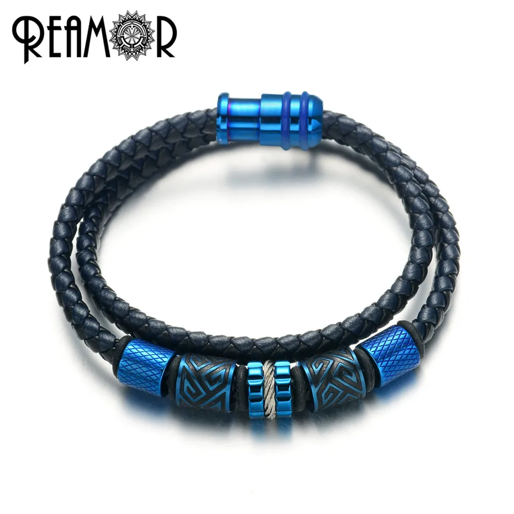 REAMOR Double Layers Genuine Leather Bracelets Male Jewelry Blue Stainless Steel Bead Magnetic Clasp Bangle Bracelet Men Gift
REAMOR Double Layers Genuine Leather Bracelets Male Jewelry Blue Stainless Steel Bead Magnetic Clasp Bangle Bracelet Men Gift