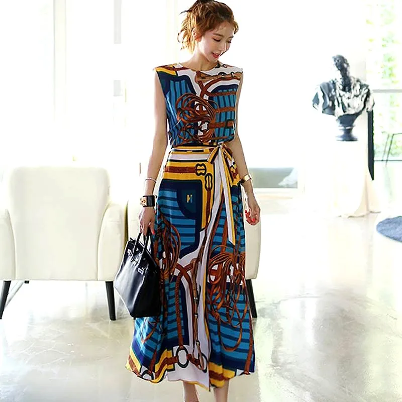 2 Pieces Women's Suit Shirt Runway Chain Vintage Print Blouse Sleeveless Tops And Long Skirts Suits Clothing Set Twinset NS01
2 Pieces Women's Suit Shirt Runway Chain Vintage Print Blouse Sleeveless Tops And Long Skirts Suits Clothing Set Twinset NS01