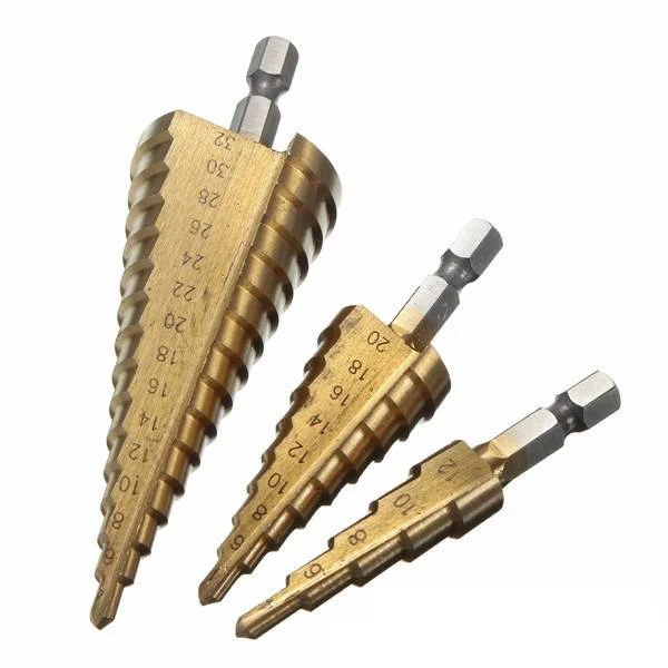 3in1 Titanium Step Drill Bits 4-12mm 4-20mm 4-32mm Titanium Coated Straight Flute Step Pagoda Drill Bits HSS Power Drills Tools
3in1 Titanium Step Drill Bits 4-12mm 4-20mm 4-32mm Titanium Coated Straight Flute Step Pagoda Drill Bits HSS Power Drills Tools