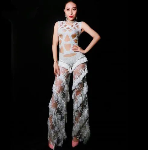 2020 Women New Fashion Lace Rhinestones Tassel Jumpsuit Stage Sexy Rompers Leggings Costume Stretch Bodysuit Nightclub Wear
2020 Women New Fashion Lace Rhinestones Tassel Jumpsuit Stage Sexy Rompers Leggings Costume Stretch Bodysuit Nightclub Wear