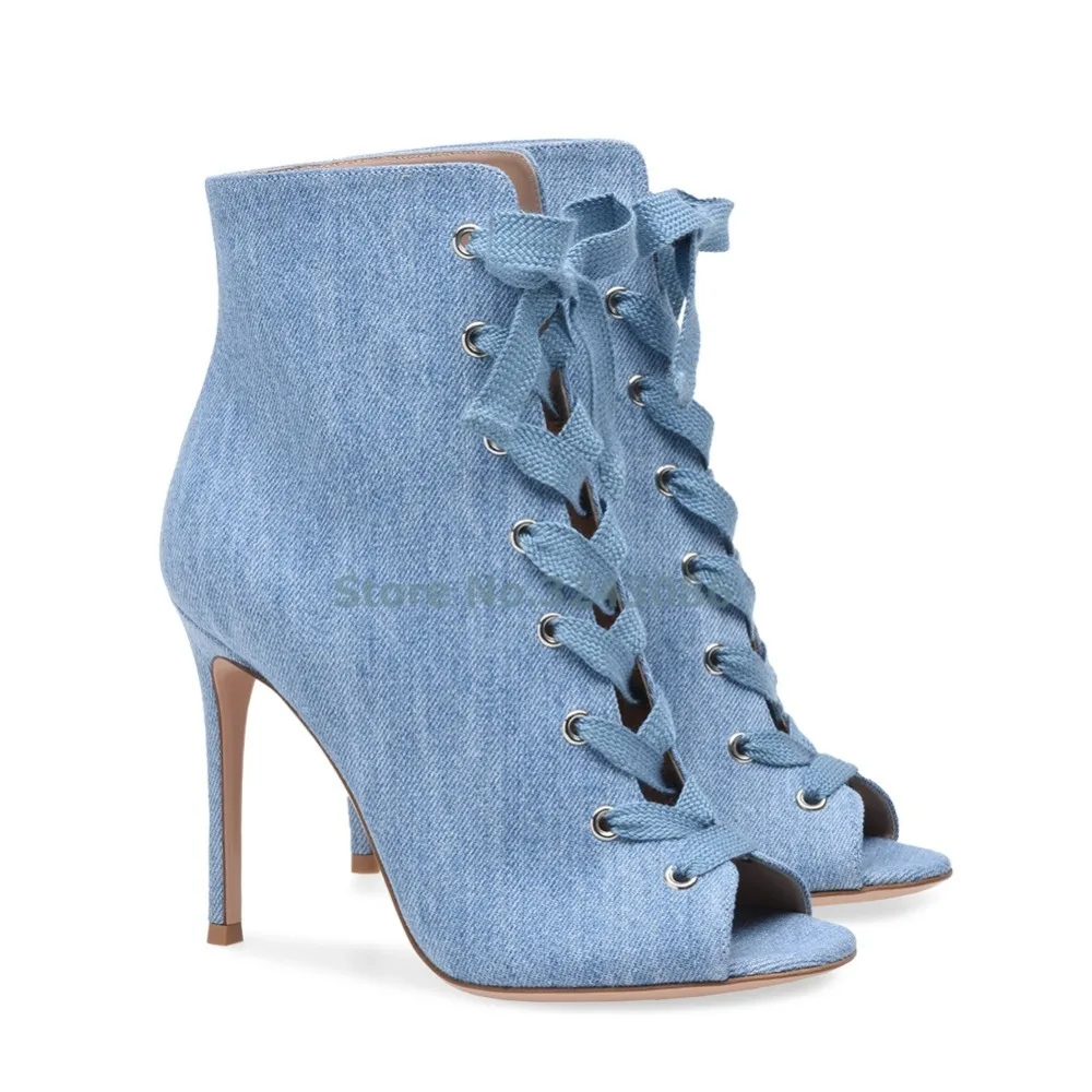 Denim Blue Peep Toe Cross Tied Ankle Boots Black Silk Open Toe Lace Up Women Shoes Pointed Toe Basic Thin High Heel Boots
Denim Blue Peep Toe Cross Tied Ankle Boots Black Silk Open Toe Lace Up Women Shoes Pointed Toe Basic Thin High Heel Boots