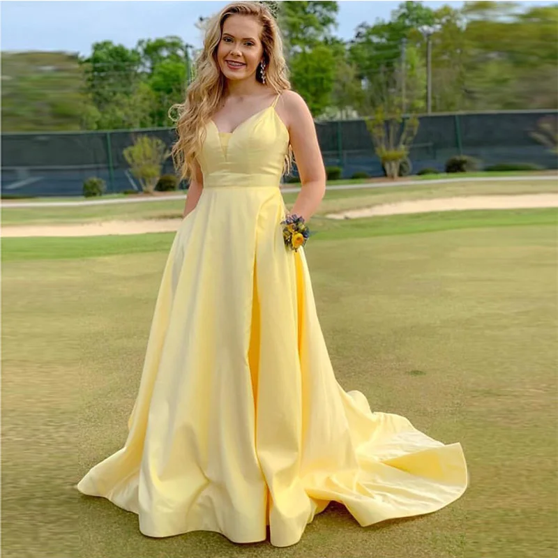 Simple Long Yellow Prom Dresses With Pocket V-neck Spaghetti Straps Vestidos De Formal Prom Gowns 2019 New Women Robe De Soiree
Simple Long Yellow Prom Dresses With Pocket V-neck Spaghetti Straps Vestidos De Formal Prom Gowns 2019 New Women Robe De Soiree