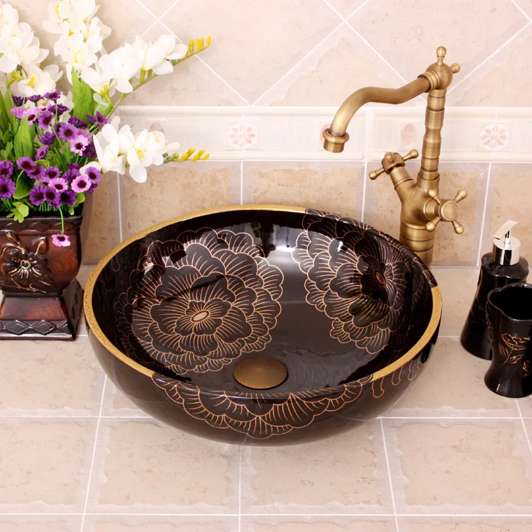 Black Peony Painting China Artistic Handmade Ceramic Bathroom Sinks Lavobo Round Counter top antique wash basin
Black Peony Painting China Artistic Handmade Ceramic Bathroom Sinks Lavobo Round Counter top antique wash basin