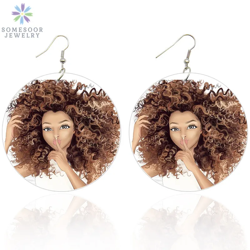 SOMESOOR Both Sides Printing Cute Curly Girl African Wooden Drop Earrings Afro Natural Hair Flat Round Design Jewelry For Women
SOMESOOR Both Sides Printing Cute Curly Girl African Wooden Drop Earrings Afro Natural Hair Flat Round Design Jewelry For Women