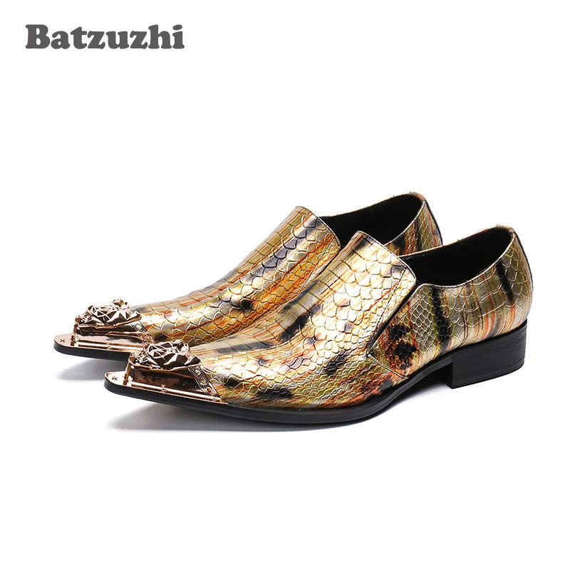 Batzuzhi Luxury Handmade Men Shoes Pointed Iron Toe Gold Genuine Leather Shoes Man zapatos de hombre Formal Party Wedding Shoes
Batzuzhi Luxury Handmade Men Shoes Pointed Iron Toe Gold Genuine Leather Shoes Man zapatos de hombre Formal Party Wedding Shoes