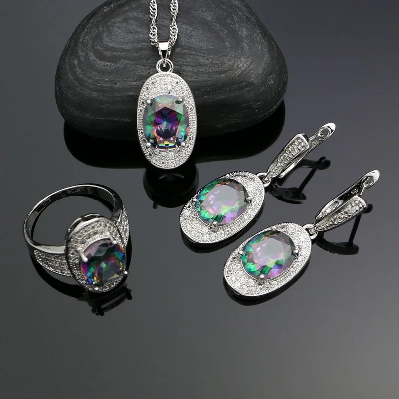 925 Silver Bridal Jewelry Sets For Women Mystic Rainbow Cubic Zirconia Ring Pendant Necklace Earrings Wedding Jewelry Kits
925 Silver Bridal Jewelry Sets For Women Mystic Rainbow Cubic Zirconia Ring Pendant Necklace Earrings Wedding Jewelry Kits