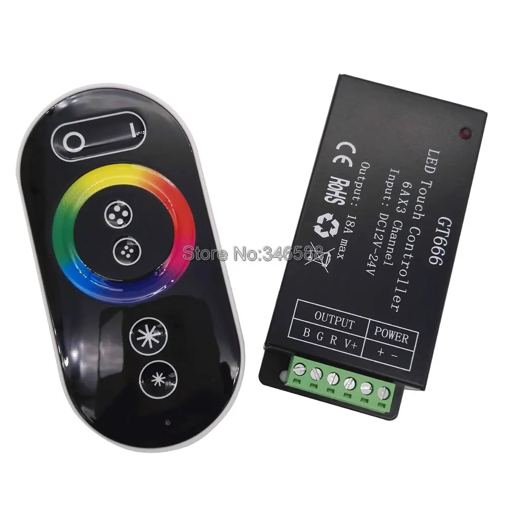 GT666 DC12V - 24V 6A x 3CH 18A RGB LED Controller with RF Full Touch Wireless Remote & Color RIng for 5050SMD RGB LED Striplight
GT666 DC12V - 24V 6A x 3CH 18A RGB LED Controller with RF Full Touch Wireless Remote & Color RIng for 5050SMD RGB LED Striplight