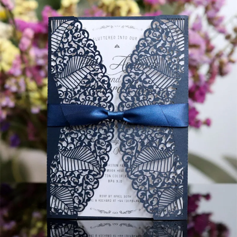 Elegant wedding card box petal hollow laser cutting lace wedding decoration card navy blue customized printing 
Elegant wedding card box petal hollow laser cutting lace wedding decoration card navy blue customized printing