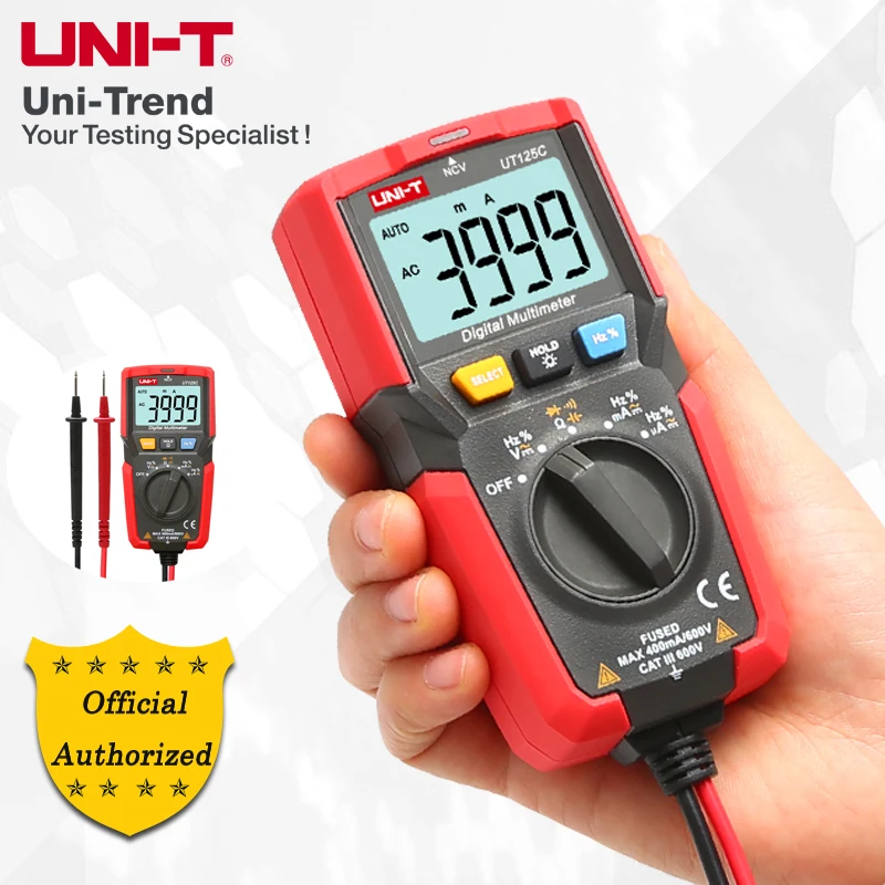 UNI-T UT125C Pocket Digital Multimeter 600V/400mA; Resistance/Capacitance/On/Off/Frequency/Diode Testing
UNI-T UT125C Pocket Digital Multimeter 600V/400mA; Resistance/Capacitance/On/Off/Frequency/Diode Testing