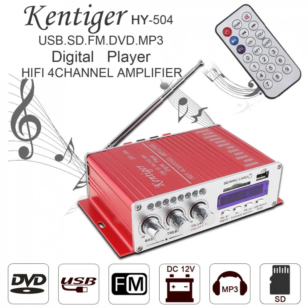 Kentiger HY-504 4CH Hi-Fi автомобильный аудио усилитель высокой мощности FM-радио плеер Поддержка SD USB DVD MP3 вход для автомобиля мотоцикла дома
Kentiger HY-504 4CH Hi-Fi автомобильный аудио усилитель высокой мощности FM-радио плеер Поддержка SD USB DVD MP3 вход для автомобиля мотоцикла дома