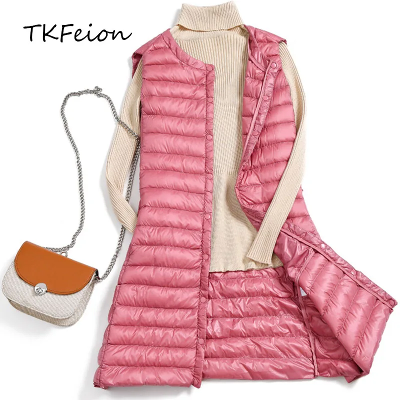 Куртка женская на утином пуху, с круглым вырезом, ультратонсветильник, длинная, весна-осень-зима