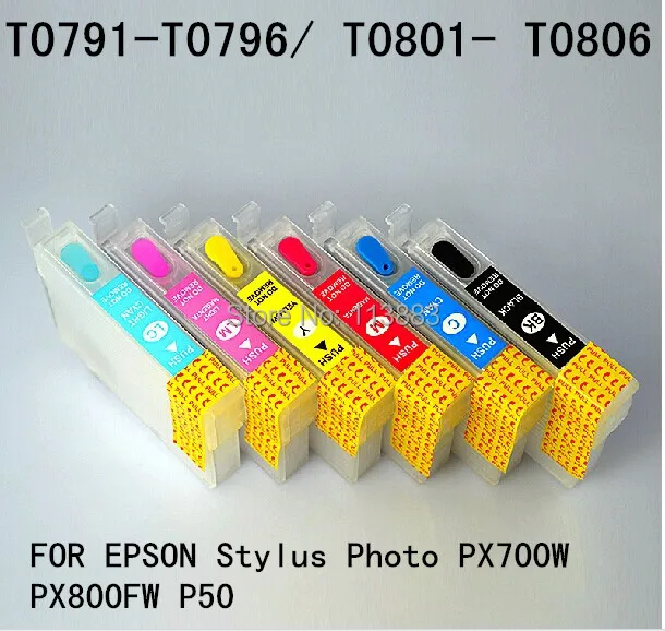 6 color 79 T0791 - T0796/ T0801-T0806 Refillable ink cartridge for EPSON stylus Photo PX700W PX800FW P50 printer Auto reset chip
6 color 79 T0791 - T0796/ T0801-T0806 Refillable ink cartridge for EPSON stylus Photo PX700W PX800FW P50 printer Auto reset chip