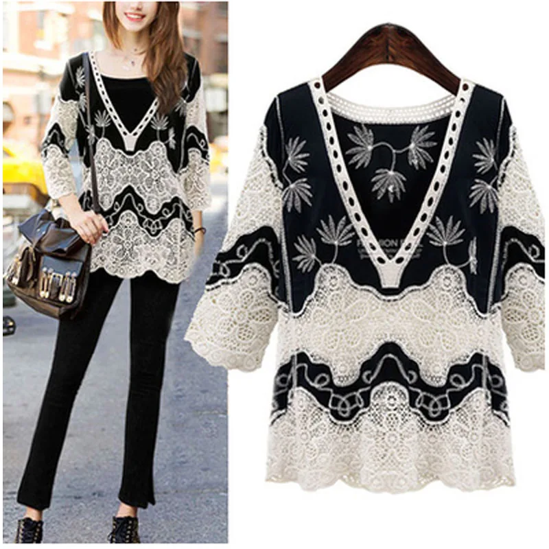 Women's Short-Sleeved V-Neck Shirt, Hollow Embroidery, Contrast Color, Casual Fashion, Summer, Big Code, New, W517
Women's Short-Sleeved V-Neck Shirt, Hollow Embroidery, Contrast Color, Casual Fashion, Summer, Big Code, New, W517