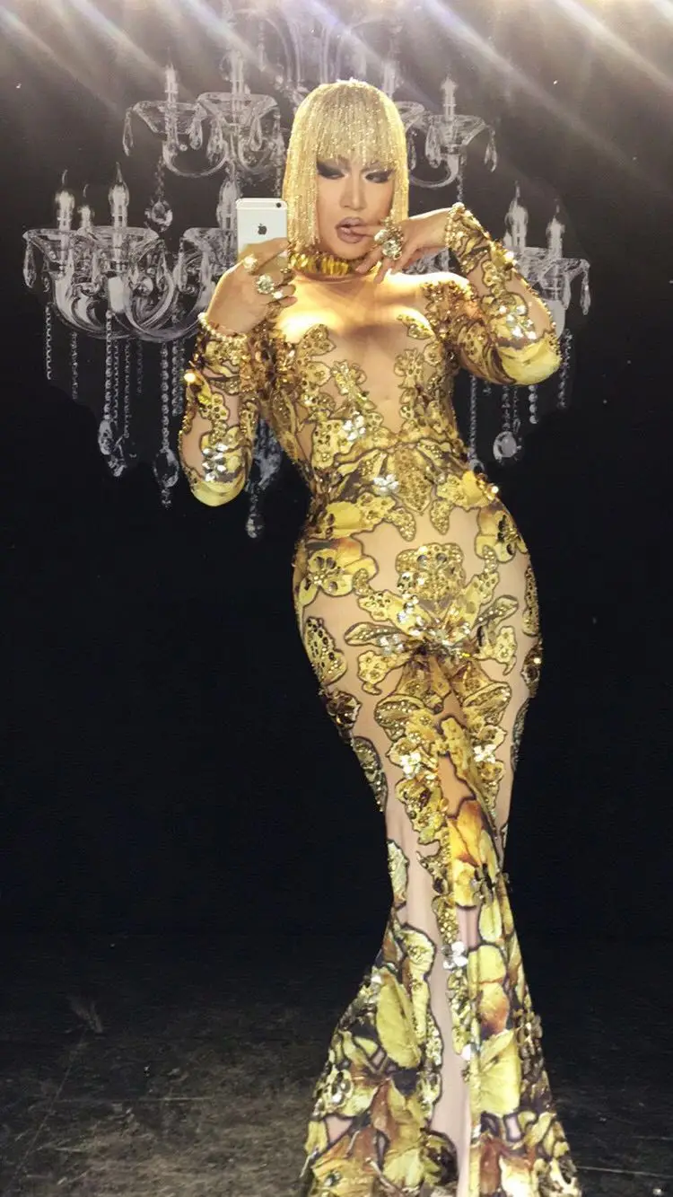 Women Skinny Gold Rhinestones Rompers Female Singer Dancer Big Pants Costume One-piece Bodysuit Nightclub Oufit Party Jumpsuit
Women Skinny Gold Rhinestones Rompers Female Singer Dancer Big Pants Costume One-piece Bodysuit Nightclub Oufit Party Jumpsuit