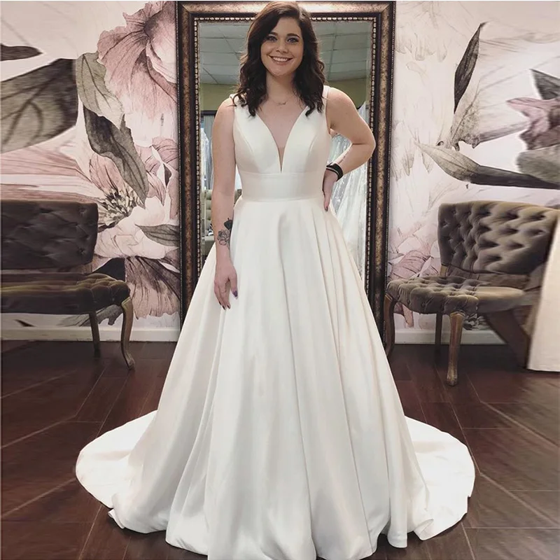 Sleeveless V-neck Simple A-line Wedding Dress Custom White Ivory Satin Chapel Train Vestido De Novia 2020 New Bridal Dresses
Sleeveless V-neck Simple A-line Wedding Dress Custom White Ivory Satin Chapel Train Vestido De Novia 2020 New Bridal Dresses