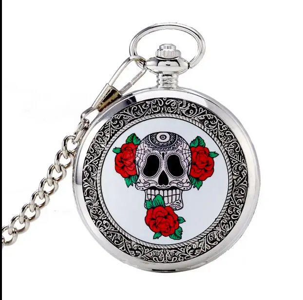 Hot Sale Free Shipping Retro silver Skull Heads & Rose Pocket Watch With FOB Chain Best Gift
Hot Sale Free Shipping Retro silver Skull Heads & Rose Pocket Watch With FOB Chain Best Gift
