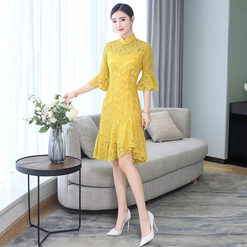 2019 Chinese Lace Cheongsam Female Slim Hollow Summer Dresses Elegant Women Mermaid Dress Qipao
2019 Chinese Lace Cheongsam Female Slim Hollow Summer Dresses Elegant Women Mermaid Dress Qipao