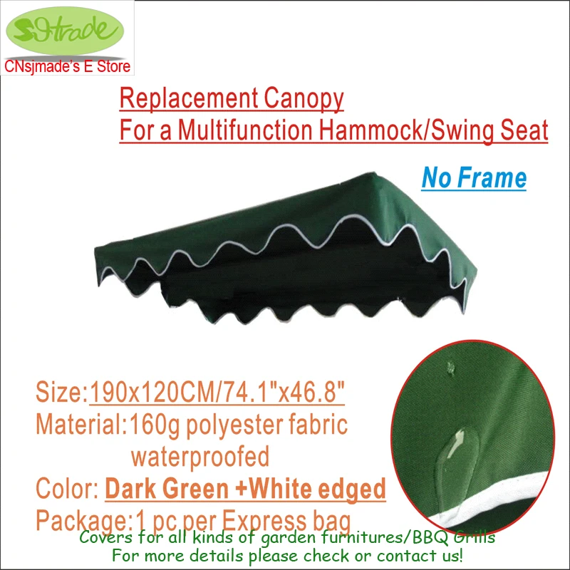 Custom made Canopy 190X120cm/74.8"x47.24" for a Multifunction Hammock/Swing Seat - frame and cushions not included
Custom made Canopy 190X120cm/74.8"x47.24" for a Multifunction Hammock/Swing Seat - frame and cushions not included