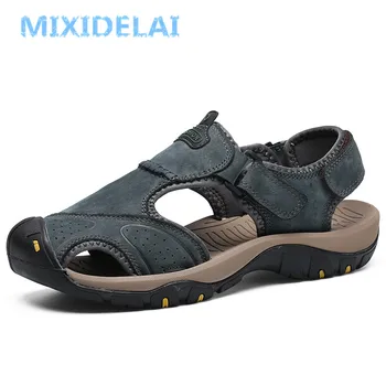 MIXIDELAI 남성용 야외 캐주얼 신발, 정품 가죽, 미끄럼 방지 스니커즈, 비치 샌들, 빅 사이즈 38-46, 여름 신상
