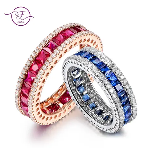 FCGJHW Ruby Sapphire Spinel Ring for Women Clear Red Blue Zircon Vintage Round Rings S925 Silver Wedding Bands Fine Jewelry