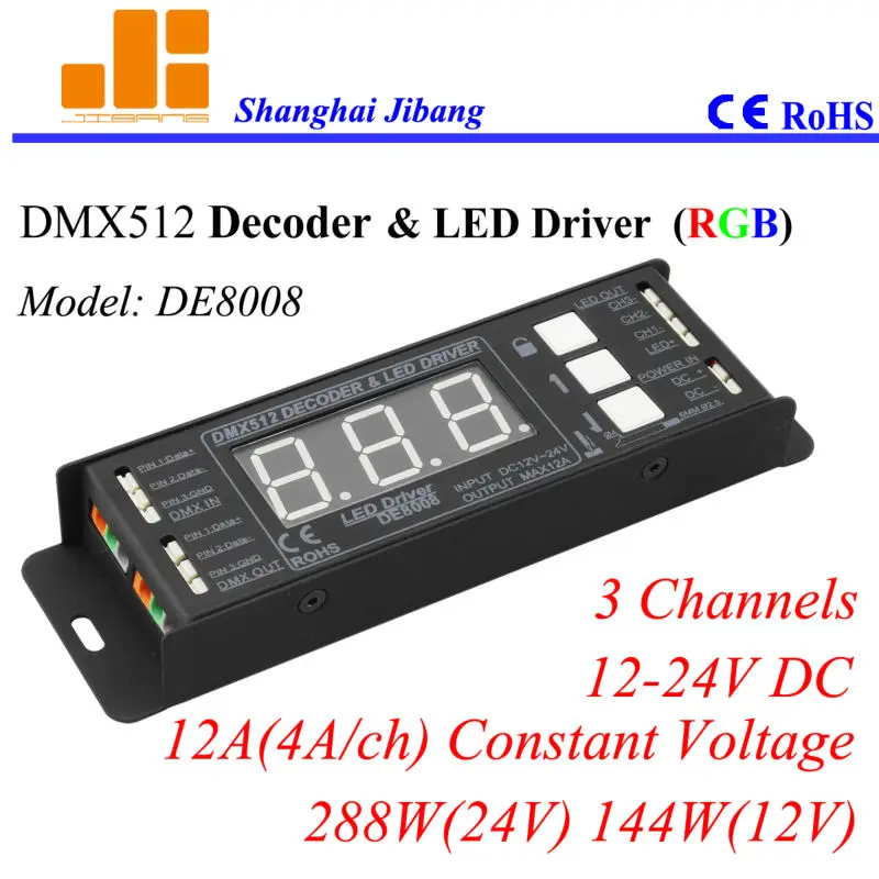 Free Shipping DMX controller, RGB DMX512 decoder & Driver, Digital display, 3Channels/12V-24V/12A/288W pn:DE 8008
Free Shipping DMX controller, RGB DMX512 decoder & Driver, Digital display, 3Channels/12V-24V/12A/288W pn:DE 8008