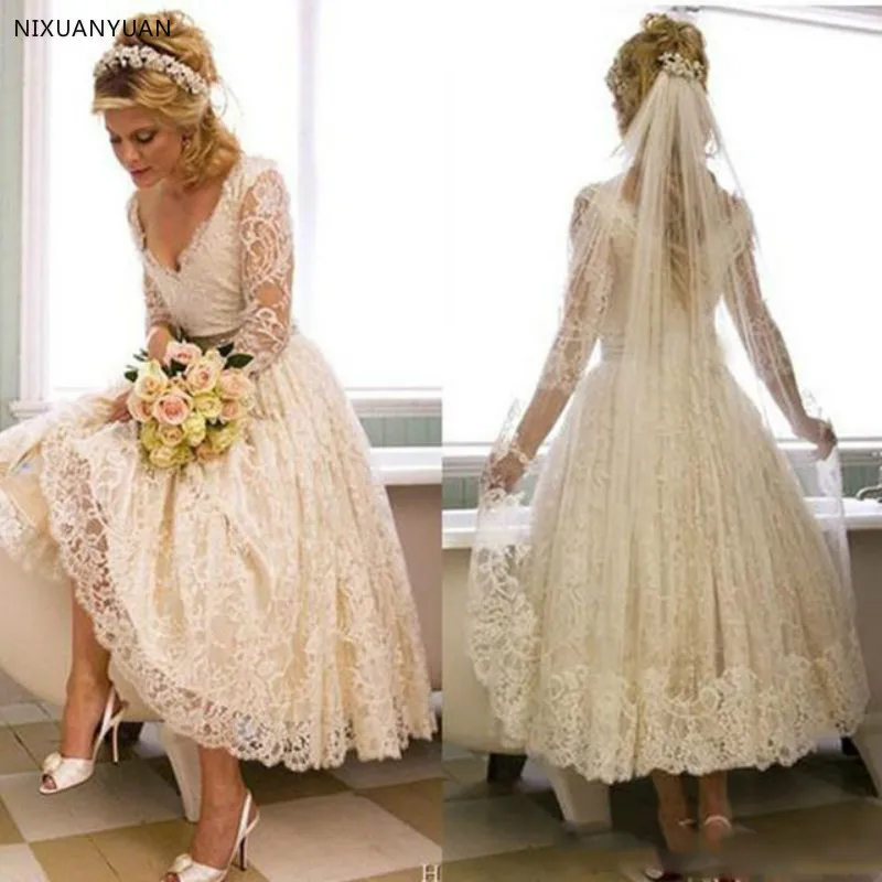 Vintage Lace 1950s Wedding Dresses 2022 Tea Length Country Style Short V Neck Bridal Gowns with Illusion 3/4 Sleeves Custom Made
Vintage Lace 1950s Wedding Dresses 2022 Tea Length Country Style Short V Neck Bridal Gowns with Illusion 3/4 Sleeves Custom Made