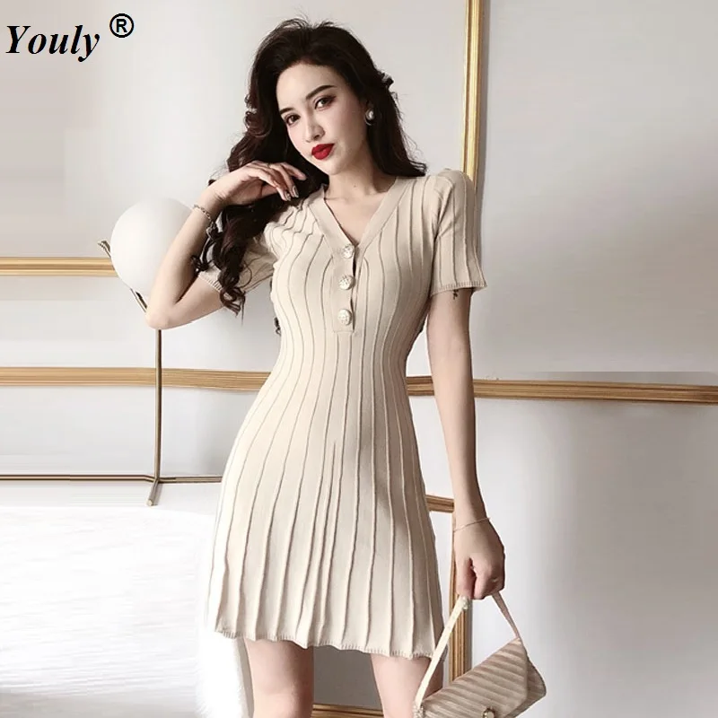 Sexy Knitted V-neck Party Dresses Women Summer Button Short-Sleeved Tight Waistcoat Dress Female Casual Slim Pleated Dress
Sexy Knitted V-neck Party Dresses Women Summer Button Short-Sleeved Tight Waistcoat Dress Female Casual Slim Pleated Dress