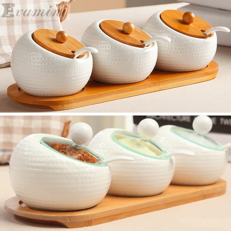 3pcs set Ceramics Seasoning Tank/Kitchen Storage Jar/Spice Jar with Wood cover/Food Cans with Glass Lid/ Wooden Tray Holder
3pcs set Ceramics Seasoning Tank/Kitchen Storage Jar/Spice Jar with Wood cover/Food Cans with Glass Lid/ Wooden Tray Holder