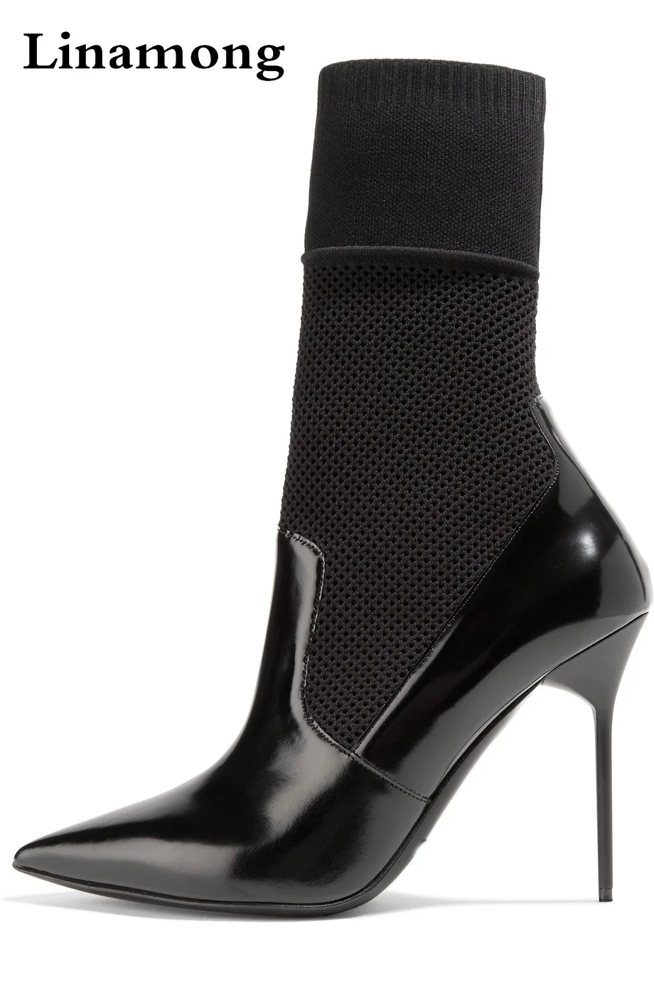 New Women Brand Black Pointed Toe District Glossed-leather And Stretch-knit Sock Short Boots Slim Stiletto Heel Booties Lady
New Women Brand Black Pointed Toe District Glossed-leather And Stretch-knit Sock Short Boots Slim Stiletto Heel Booties Lady
