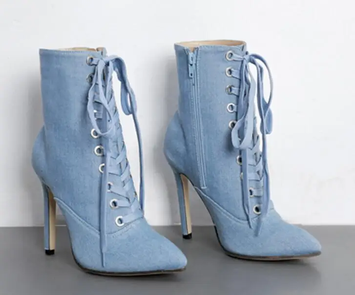 Women Fashion Design Pointed Toe Blue Denim Short Boots Lace-up Super High Heel Ankle Booties Street Shoes
Women Fashion Design Pointed Toe Blue Denim Short Boots Lace-up Super High Heel Ankle Booties Street Shoes