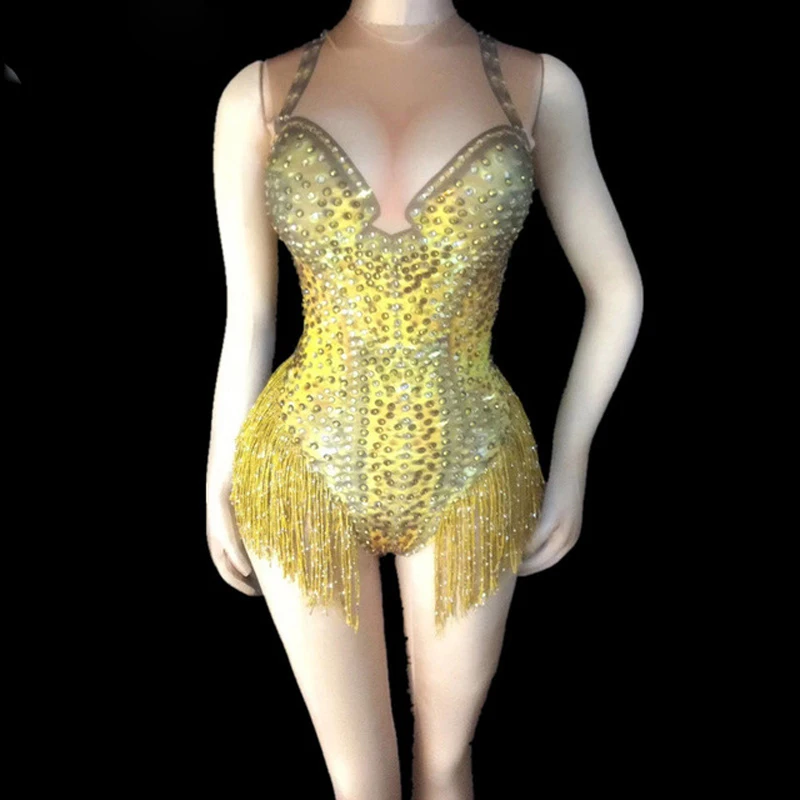 Gold Tassel Sexy Full Rhinestones Nude Bodysuit Women's One Piece Stretch Outfit Nightclub Dance Wear Female Singer Show Outfit
Gold Tassel Sexy Full Rhinestones Nude Bodysuit Women's One Piece Stretch Outfit Nightclub Dance Wear Female Singer Show Outfit