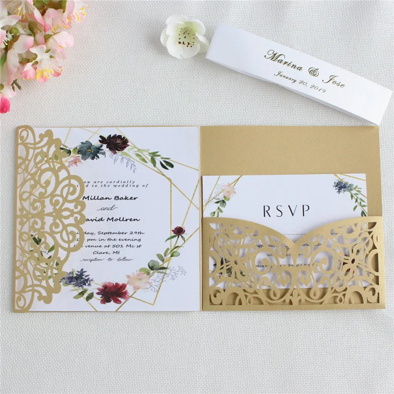 Elegant invite wedding gold silver floral laser cutting tri-fold card invitation set 50pcs/lot
Elegant invite wedding gold silver floral laser cutting tri-fold card invitation set 50pcs/lot