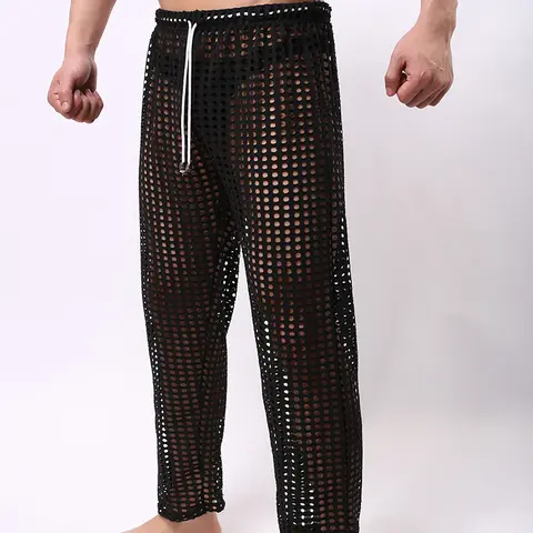 Fashion Grid Fishnet Men Sexy See Through Lounge Pants Gay Male Funny Sheer Long Pajama Bottoms Comfortable Sleep Bottoms
