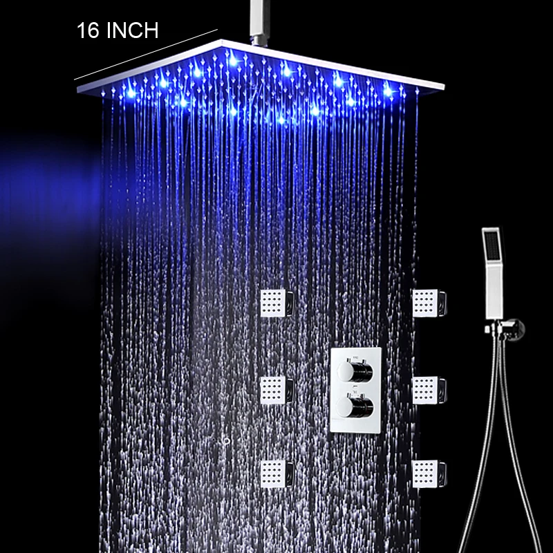16 inch shower kit bathroom led shower system ceiling rainfall shower faucets thermostatic valve 3 functions body jets 2 inch
16 inch shower kit bathroom led shower system ceiling rainfall shower faucets thermostatic valve 3 functions body jets 2 inch