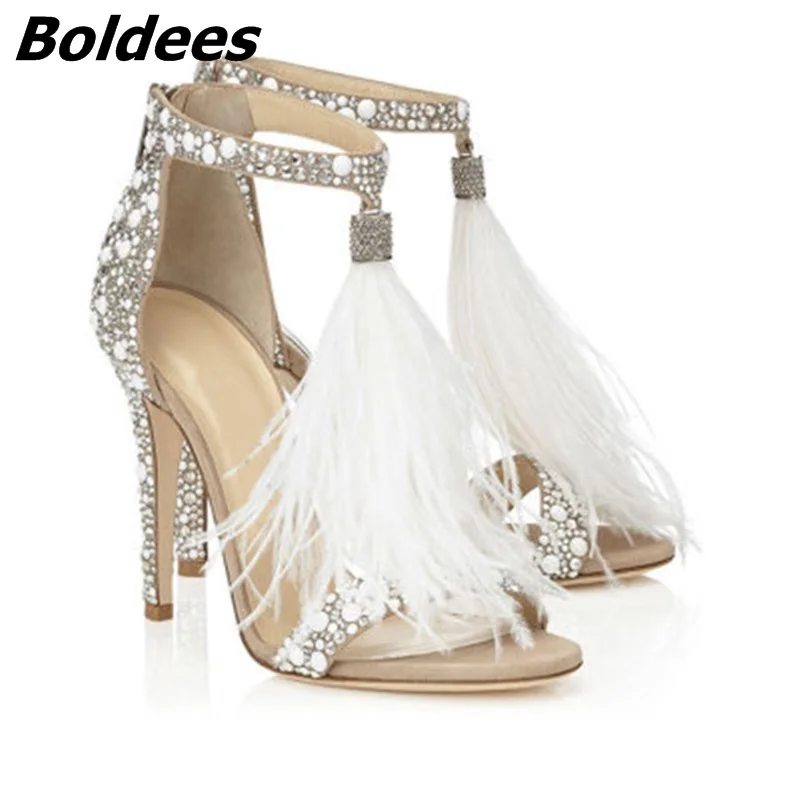 Fashion Brand Crystal Embellished White High Heel Sandals With Feather Fringe Rhinestone Sandals Bridal Wedding Shoes For Women
Fashion Brand Crystal Embellished White High Heel Sandals With Feather Fringe Rhinestone Sandals Bridal Wedding Shoes For Women
