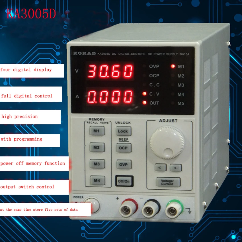 Высокоточный Регулируемый цифровой источник питания постоянного тока KA3005D mA 0 ~ 30 в 0 ~ 5A для лаборатории научных исследований
Высокоточный Регулируемый цифровой источник питания постоянного тока KA3005D mA 0 ~ 30 в 0 ~ 5A для лаборатории научных исследований