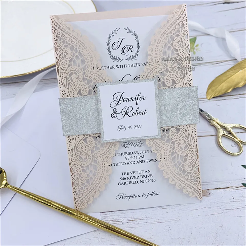 Luxury Pearl Pink Laser Cut Wedding Invitation With Glitter Grey Belly band, Customized Insert
Luxury Pearl Pink Laser Cut Wedding Invitation With Glitter Grey Belly band, Customized Insert