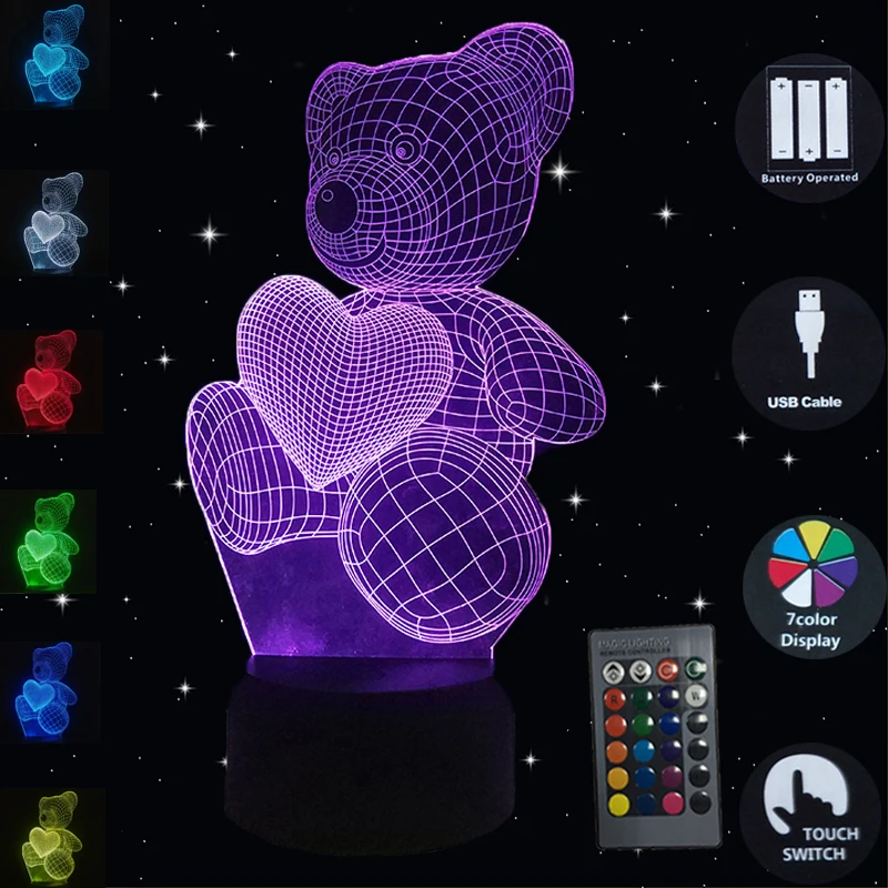 Table Lamp Teddy Bear 7 Colors Change 3D Night Light USB Luminaria LED Touch Dest Lamp Decorative Home Lighting Christmas Gifts
Table Lamp Teddy Bear 7 Colors Change 3D Night Light USB Luminaria LED Touch Dest Lamp Decorative Home Lighting Christmas Gifts