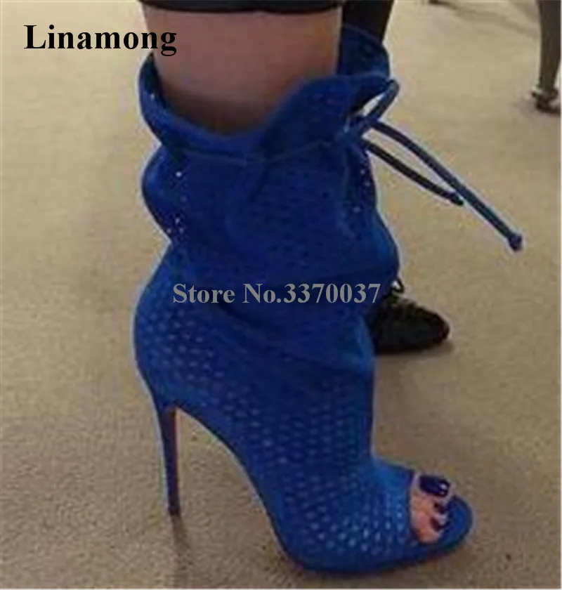 Linamong Brand Open Toe Suede Leather Elastic Band Breathable Thin Heel Short Boots Lace-up Blue White High Heel Ankle Boots
Linamong Brand Open Toe Suede Leather Elastic Band Breathable Thin Heel Short Boots Lace-up Blue White High Heel Ankle Boots