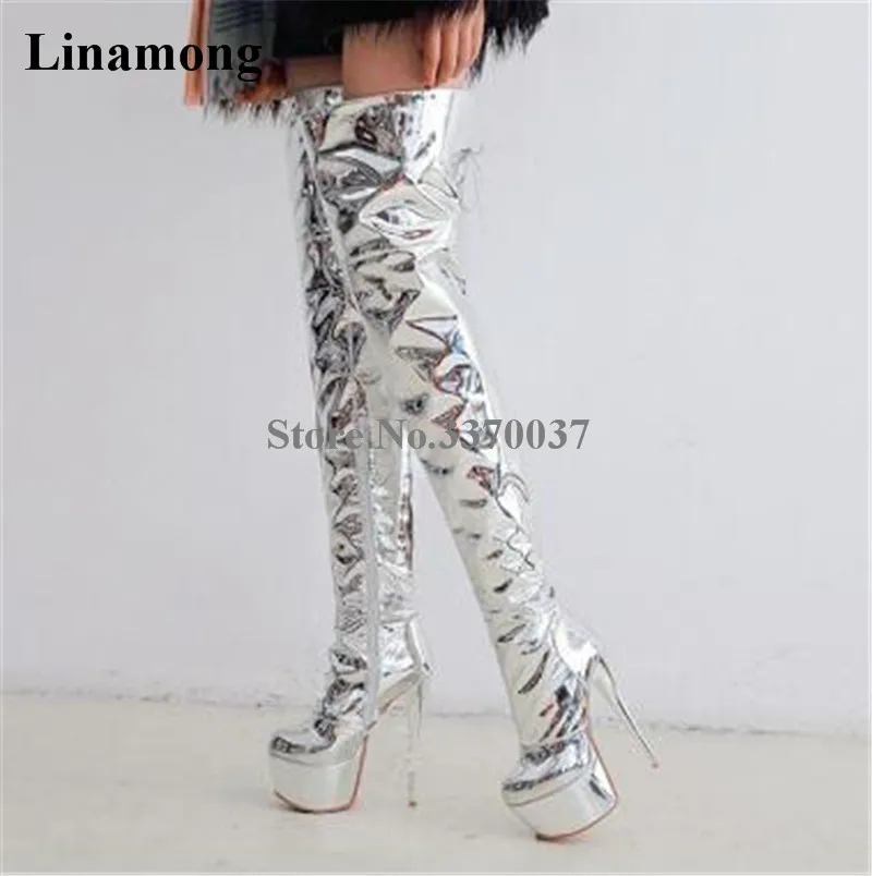 Ladies Sexy Round Toe Silver Patent Mirror Leather Over Knee High Platform Thin Heel Boots Thin Heel Thigh Long High Heel Boots
Ladies Sexy Round Toe Silver Patent Mirror Leather Over Knee High Platform Thin Heel Boots Thin Heel Thigh Long High Heel Boots