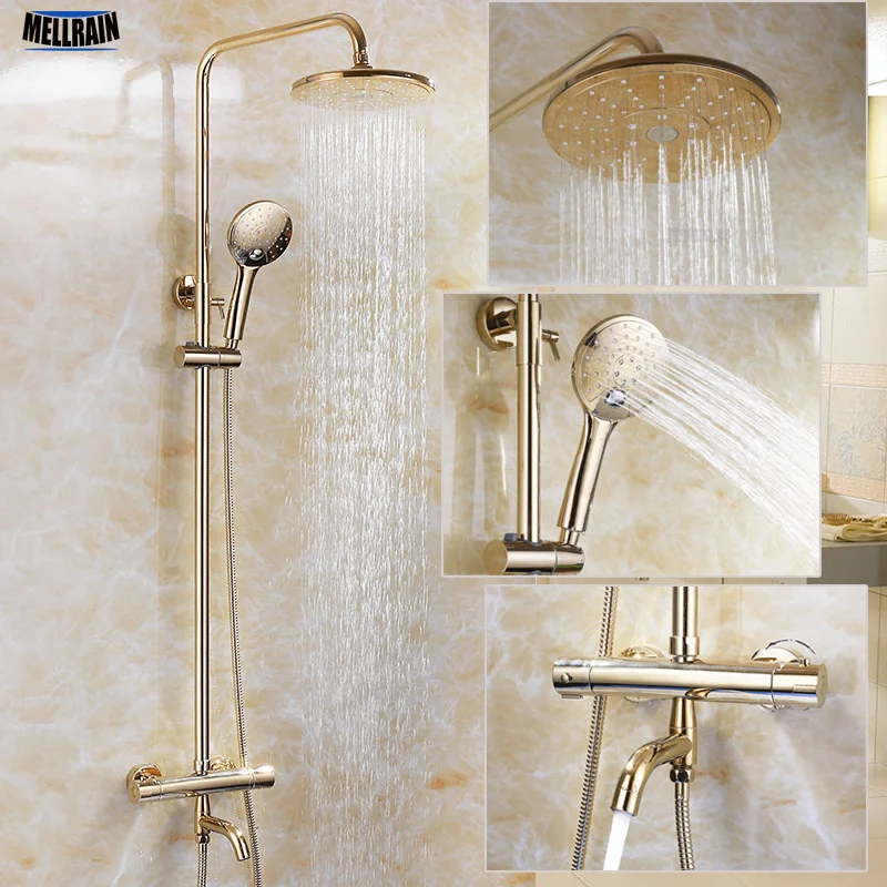 Gold Color Bathroom Thermostatic Control Shower Faucet Set Wall Mounted Round Design Rain Shower Head Brass Material
Gold Color Bathroom Thermostatic Control Shower Faucet Set Wall Mounted Round Design Rain Shower Head Brass Material