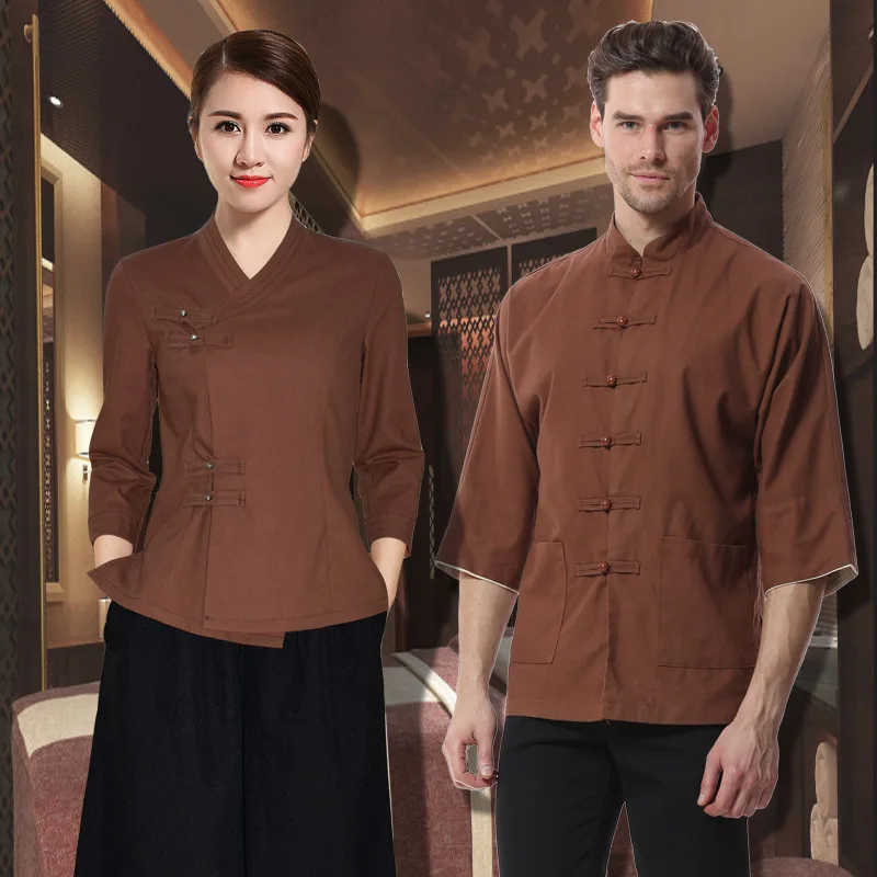New Arrivals Three Quarter Sleeve Coffee Brown Blouse+Wide Leg Pants 2pcs Set Mens SPA Uniform Hotel Retro Work Wear Beauty Sets
New Arrivals Three Quarter Sleeve Coffee Brown Blouse+Wide Leg Pants 2pcs Set Mens SPA Uniform Hotel Retro Work Wear Beauty Sets