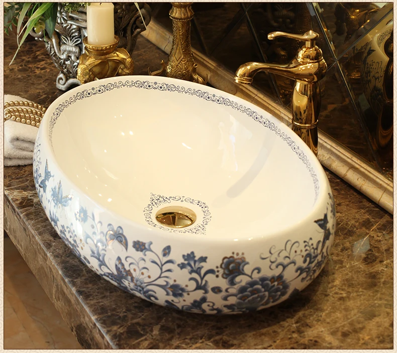 Chinese Cloakroom Counter Top porcelain wash basin bathroom sinks ceramic art oval bowl sink blue white
Chinese Cloakroom Counter Top porcelain wash basin bathroom sinks ceramic art oval bowl sink blue white