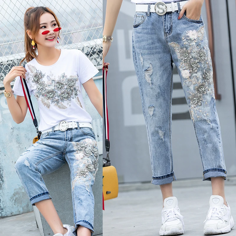 2019 New style Women 3D Flower T-shirts Jeans Sets Appliques Embroidery Tshirts+Holes Jeans Pants Costumes Suits
2019 New style Women 3D Flower T-shirts Jeans Sets Appliques Embroidery Tshirts+Holes Jeans Pants Costumes Suits