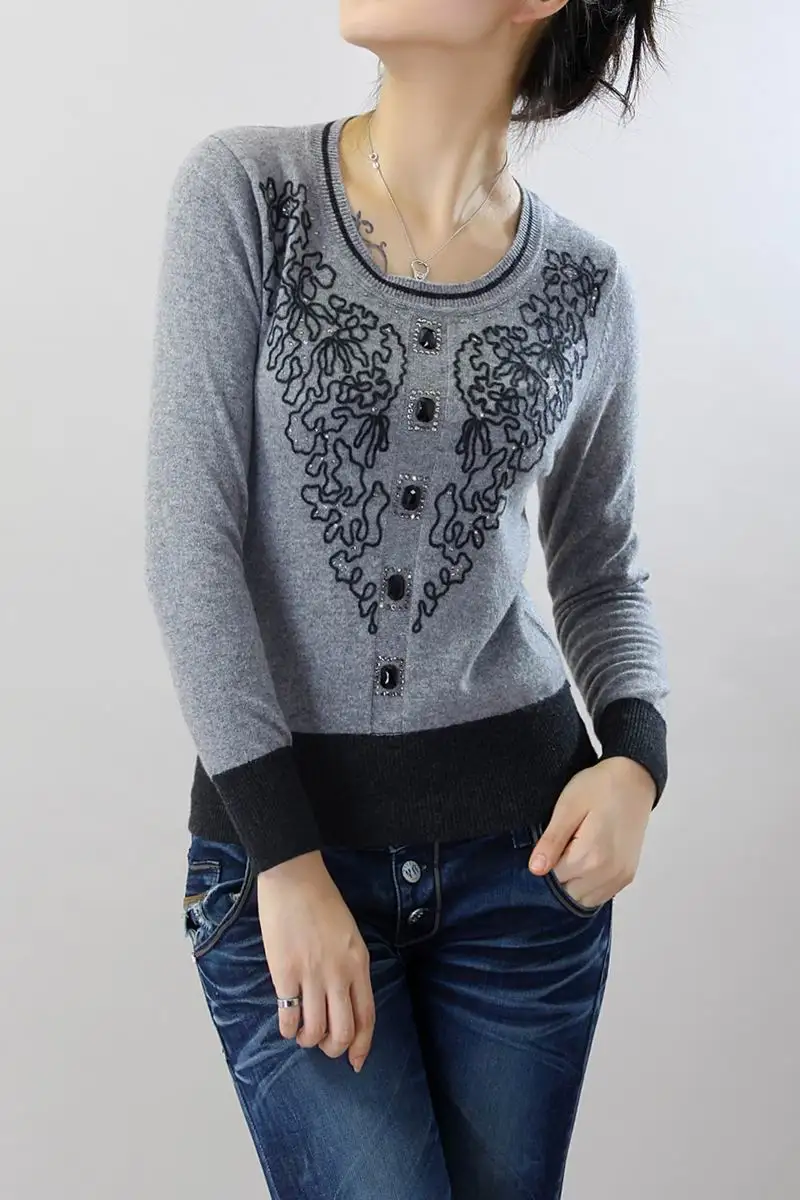 Женский кашемировый свитер с круглым вырезом серого цвета, кашемировый свитер с вышивкой, осень-зима
Женский кашемировый свитер с круглым вырезом серого цвета, кашемировый свитер с вышивкой, осень-зима