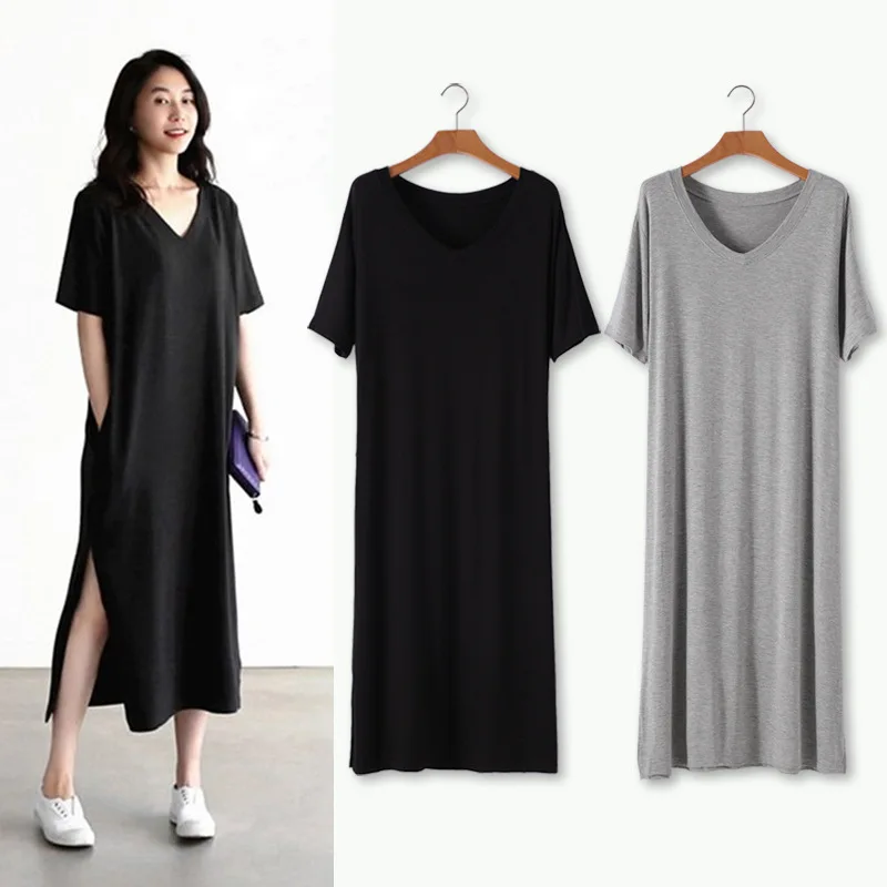 Summer Modal Women's Loose Long Dress A-Line V-Neck with Pocket Lady's dress Plus size Basic shirt dress vestido verano
Summer Modal Women's Loose Long Dress A-Line V-Neck with Pocket Lady's dress Plus size Basic shirt dress vestido verano