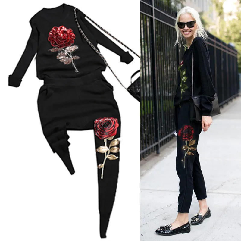 High Quality Knitted Pants Suits Women Handmade Rose Embroidery Sequined Shiny Sweaters And Pants Casual Sets NS170
High Quality Knitted Pants Suits Women Handmade Rose Embroidery Sequined Shiny Sweaters And Pants Casual Sets NS170