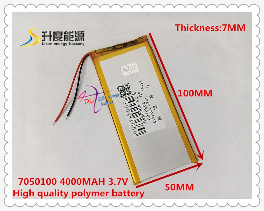 3,7 V 4000mAH 7050100 (полимерный литий-ионный/литий-ионный аккумулятор) для планшетных ПК power bank сотовый телефон динамик GPS MP4
3,7 V 4000mAH 7050100 (полимерный литий-ионный/литий-ионный аккумулятор) для планшетных ПК power bank сотовый телефон динамик GPS MP4